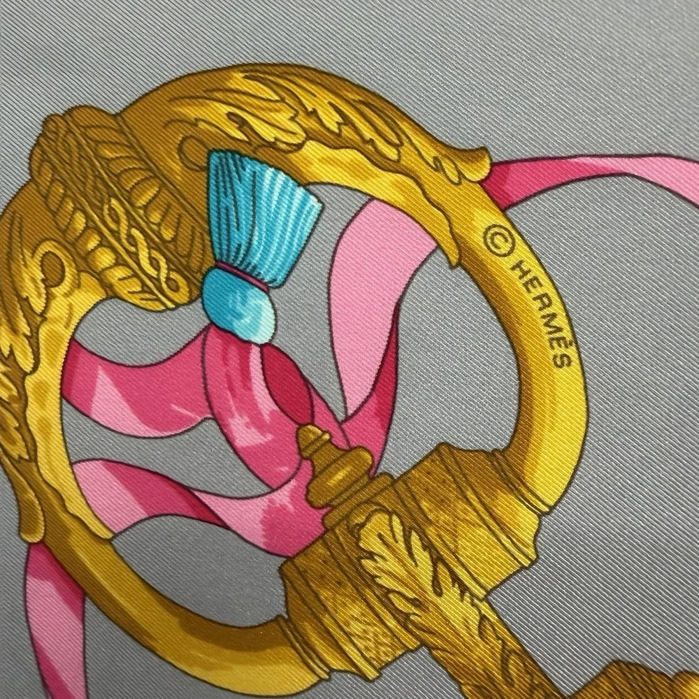 Hermes 100% Silk Scarf Ferronnerie By Caty Black Gray Gold Pink 25 1/2